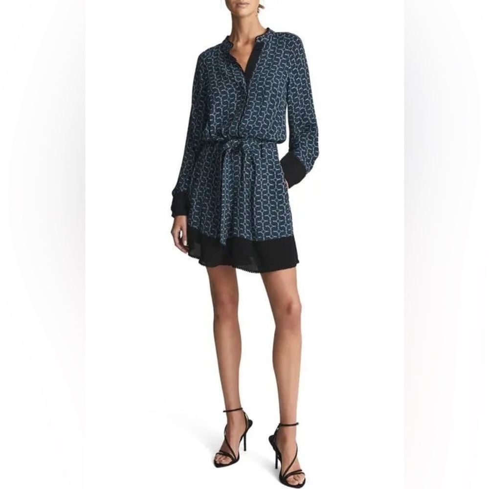 New REISS Viviyan Chain Print A-line Flippy Dress In Navy Size 6 - Picture 2 of 9